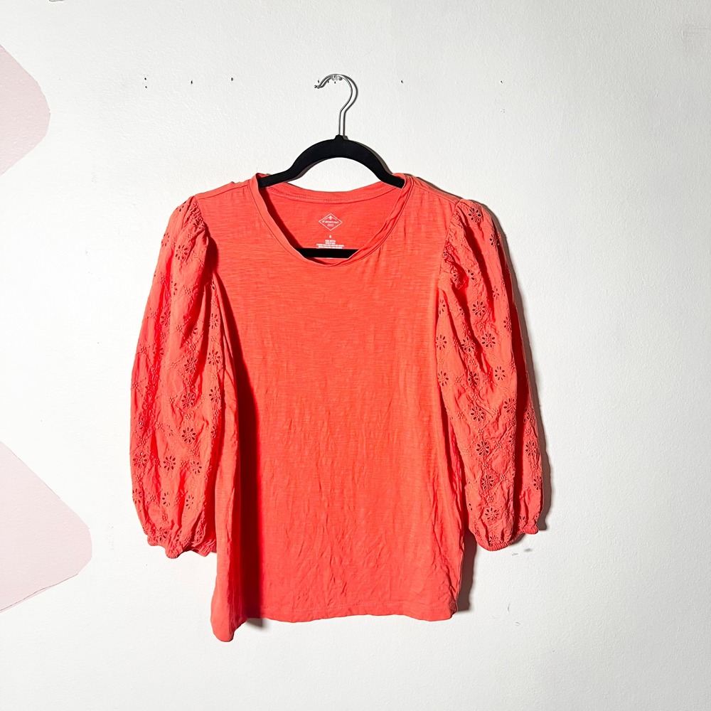 100% Cotton Peasant Top Small Coral Orange Eyelet Puff Sleeve Boho